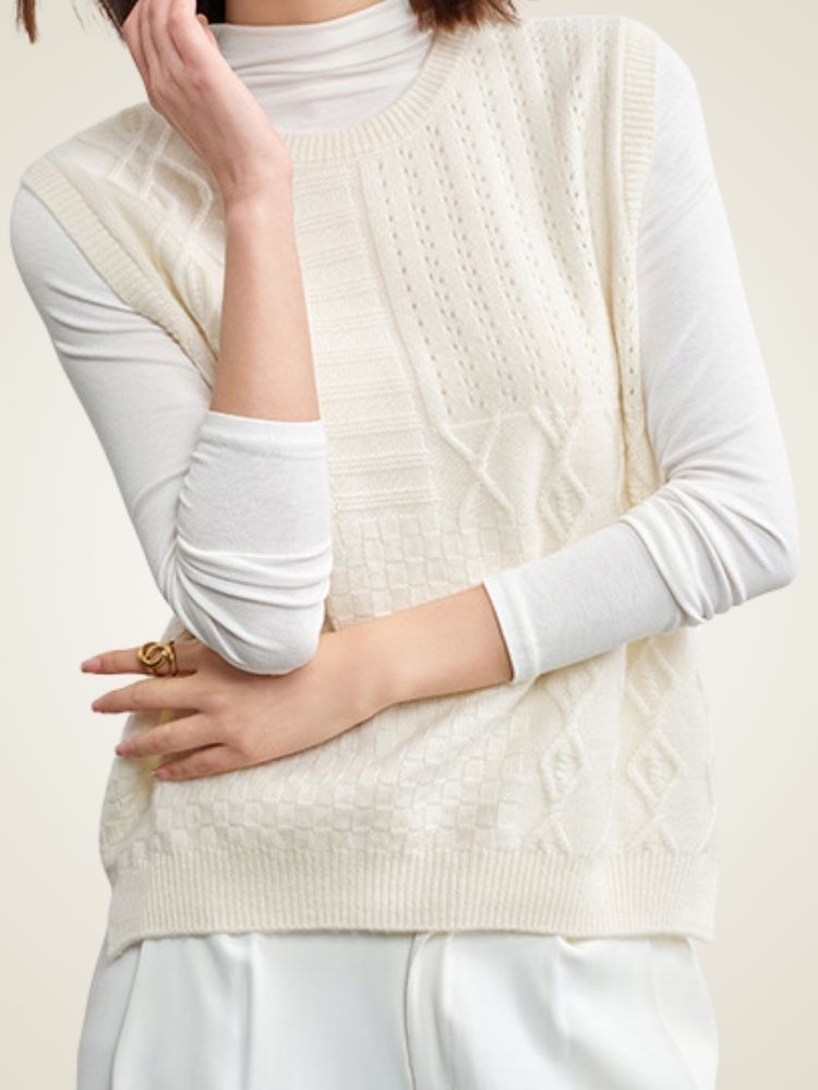 Alessia - Ivory Round Neck Sweater Vest | The Cashmere Studio