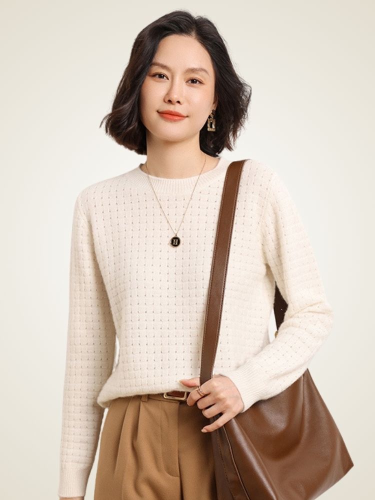 Dianis - Ivory Waffle-Textured Cashmere Sweater | The Cashmere Studio