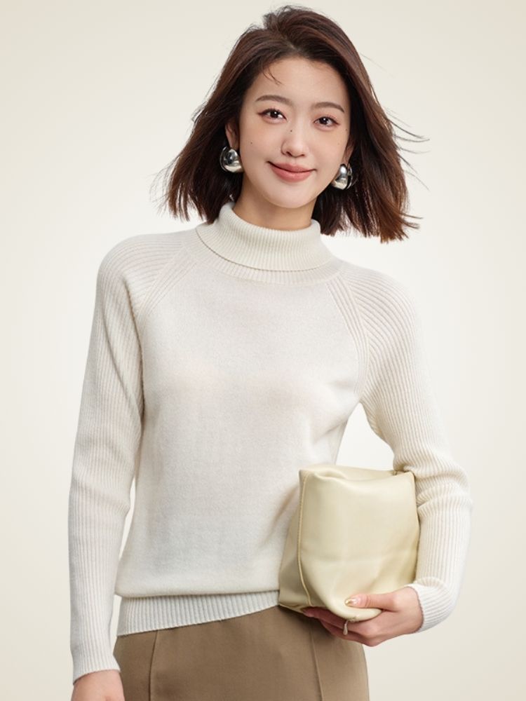 Keeley - Ivory Ribbed Cashmere Turtleneck | The Cashmere Studio