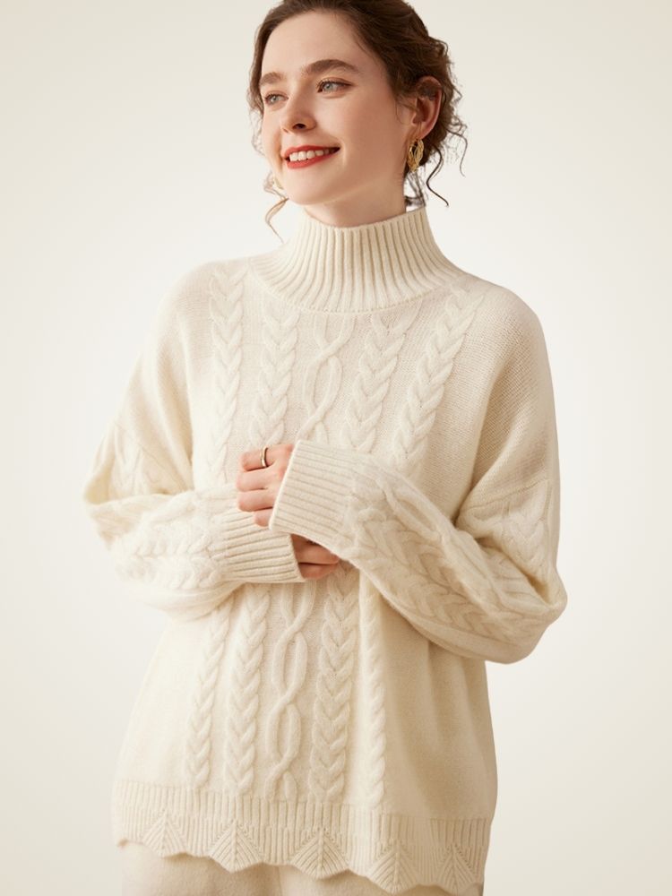 Odessa - Ivory Cable-Knit Cashmere Turtleneck | The Cashmere Studio