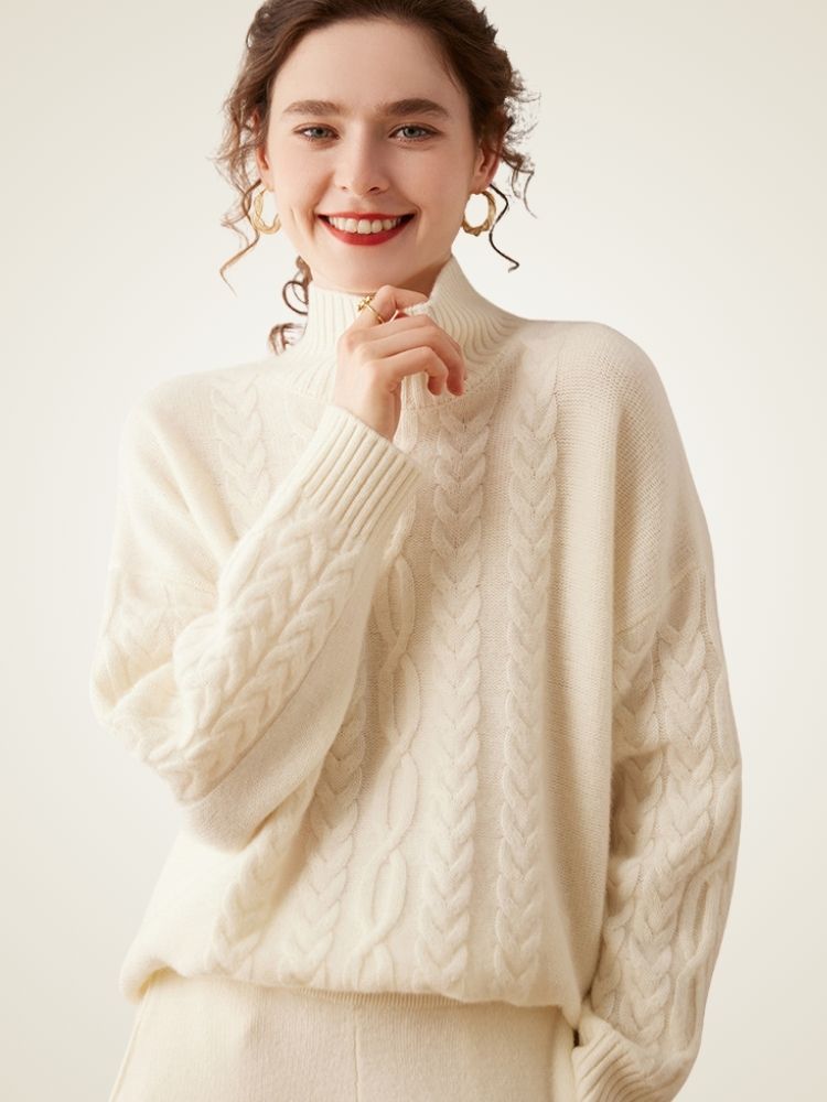 Odessa - Ivory Cable-Knit Cashmere Turtleneck | The Cashmere Studio