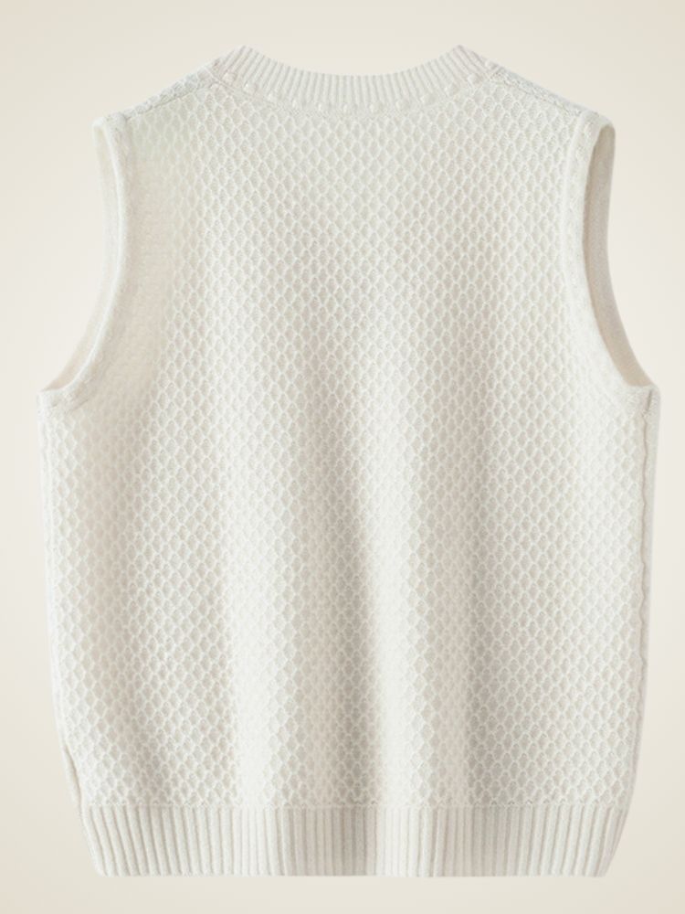 Iona - Ivory Textured Cashmere V Neck Vest | The Cashmere Studio