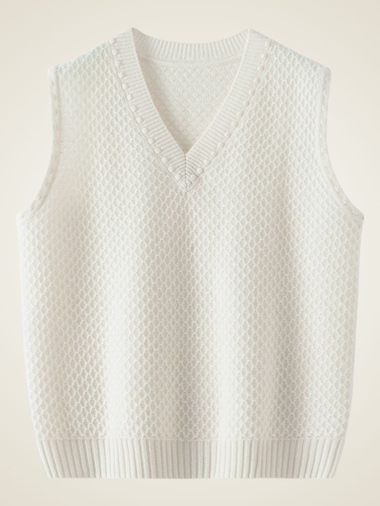 Iona - Ivory Textured Cashmere V Neck Vest | The Cashmere Studio