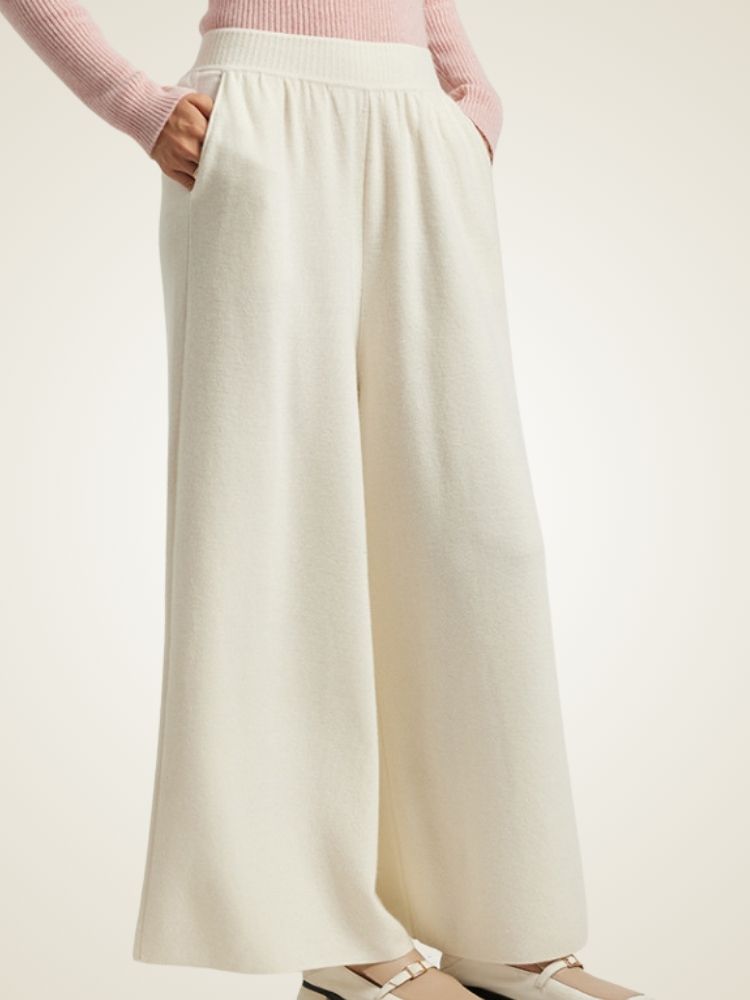 Zaylie - Ivory Wide Leg Cashmere Pants | The Cashmere Studio