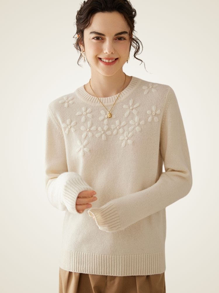 Rhiessa - Ivory Floral Cashmere Sweater | The Cashmere Studio