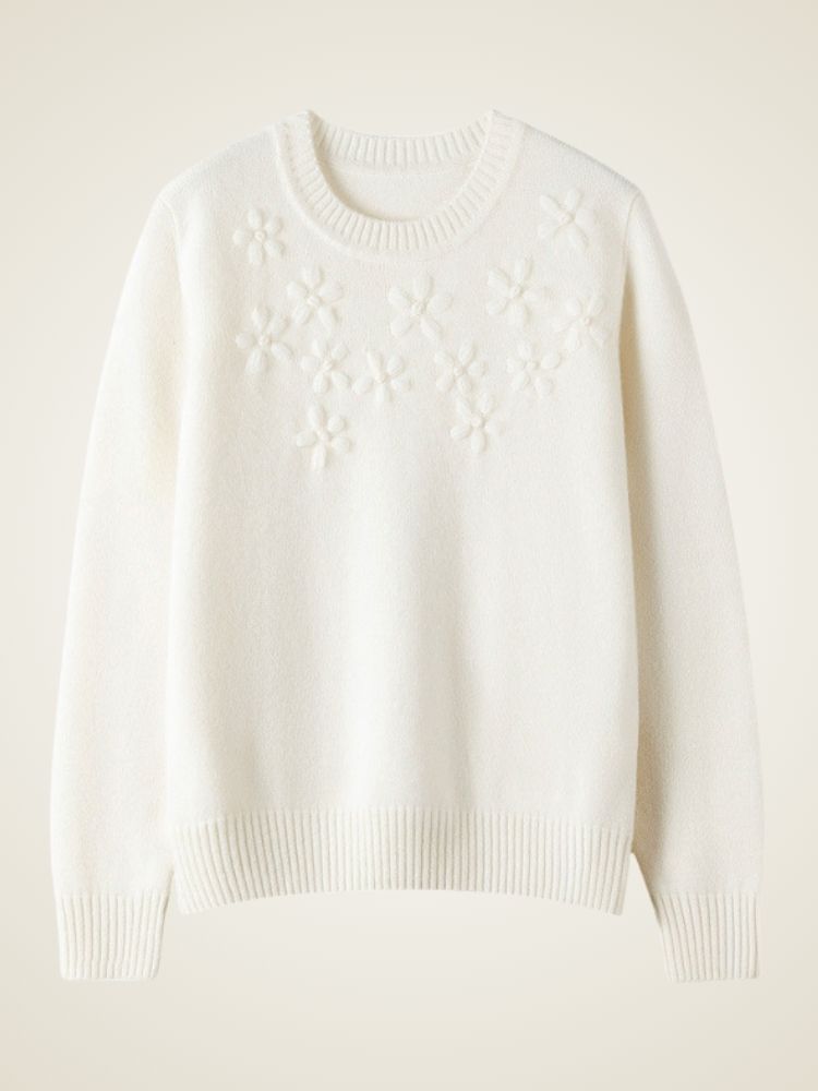 Rhiessa - Ivory Floral Cashmere Sweater | The Cashmere Studio