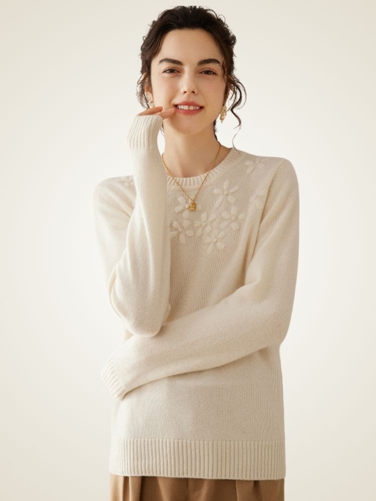 Rhiessa - Ivory Floral Cashmere Sweater | The Cashmere Studio