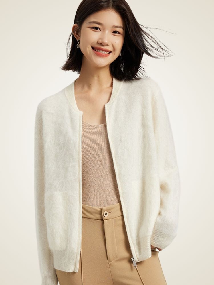 Nalina - Ivory Zip-Up Crew Neck Sweater | The Cashmere Studio