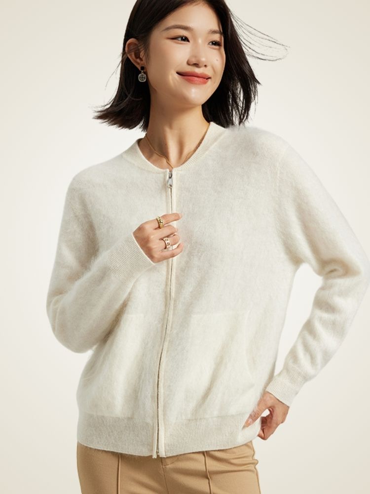 Nalina - Ivory Zip-Up Crew Neck Sweater | The Cashmere Studio