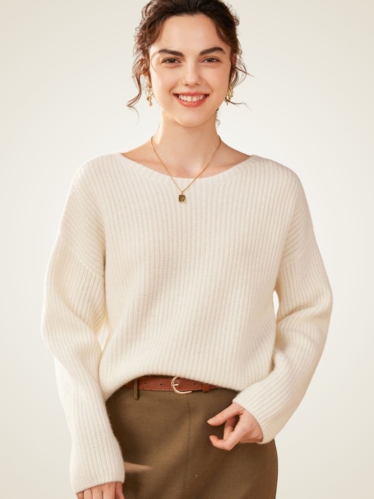 Elowith - Ivory Ribbed Cashmere Sweater | The Cashmere Studio