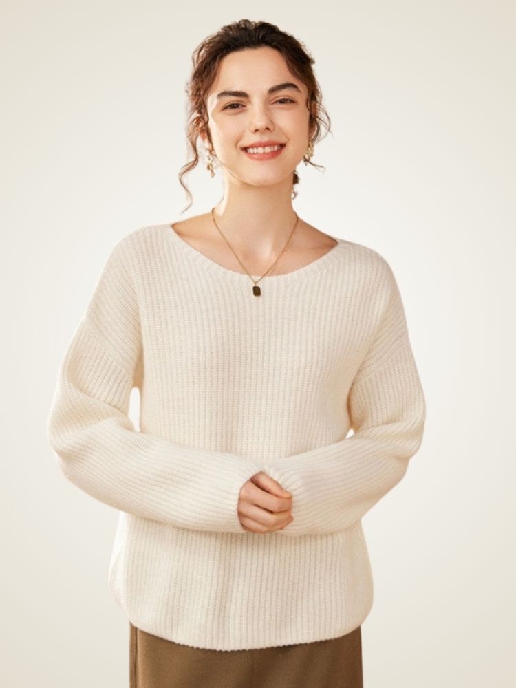 Elowith - Ivory Ribbed Cashmere Sweater | The Cashmere Studio
