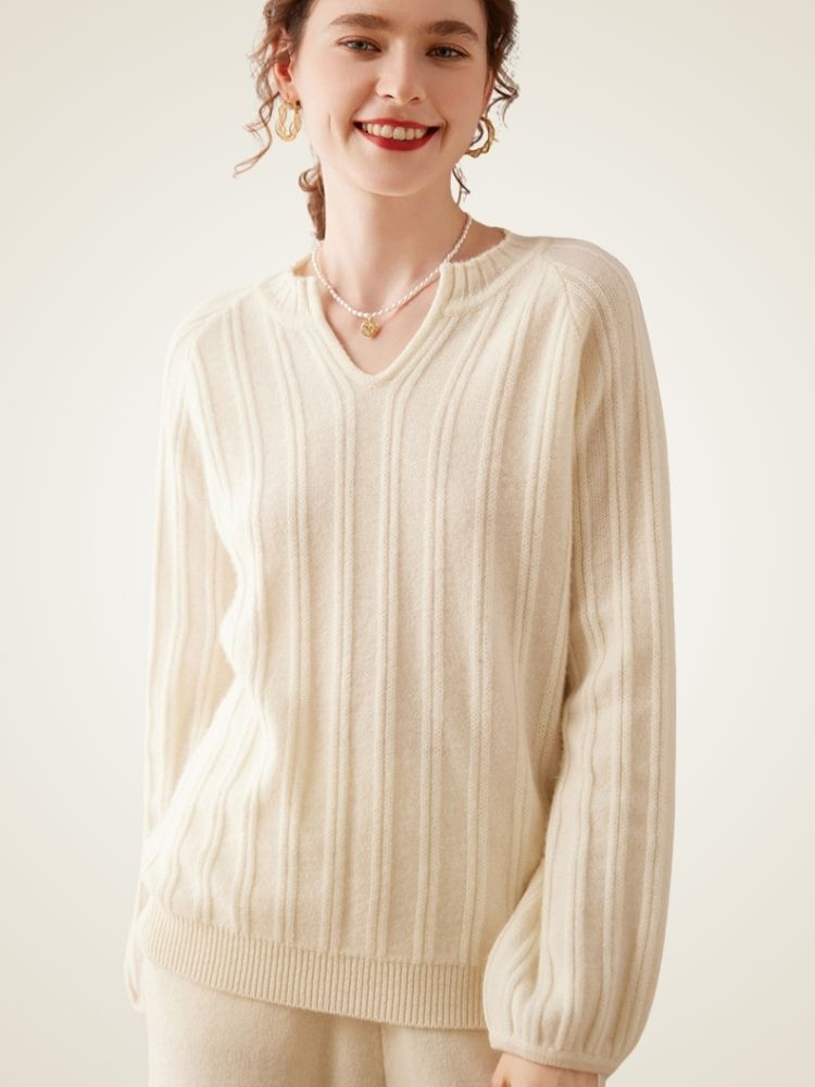 Arelia - Ivory Ribbed Cashmere Sweater | The Cashmere Studio