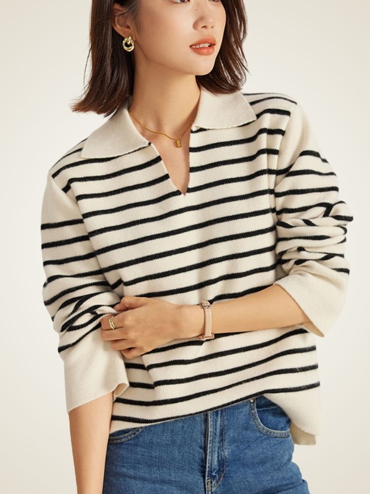 Nelyssa - Ivory Striped Cashmere Sweater | The Cashmere Studio