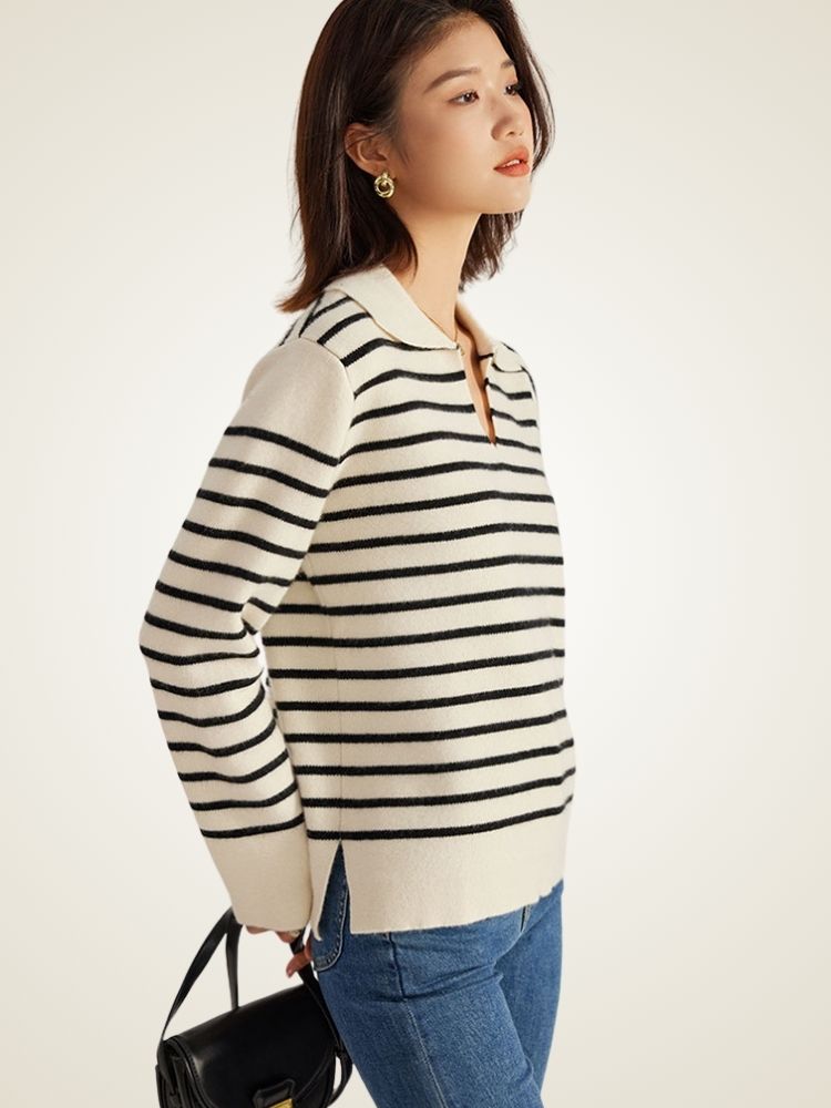 Nelyssa - Ivory Striped Cashmere Sweater | The Cashmere Studio