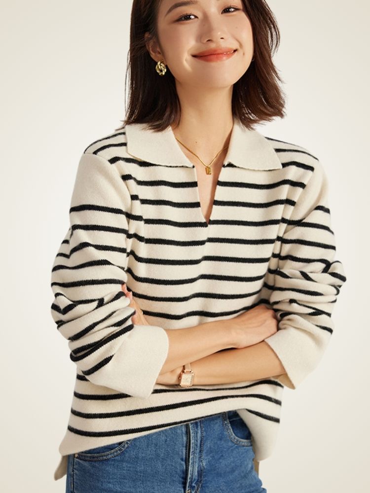 Nelyssa - Ivory Striped Cashmere Sweater | The Cashmere Studio