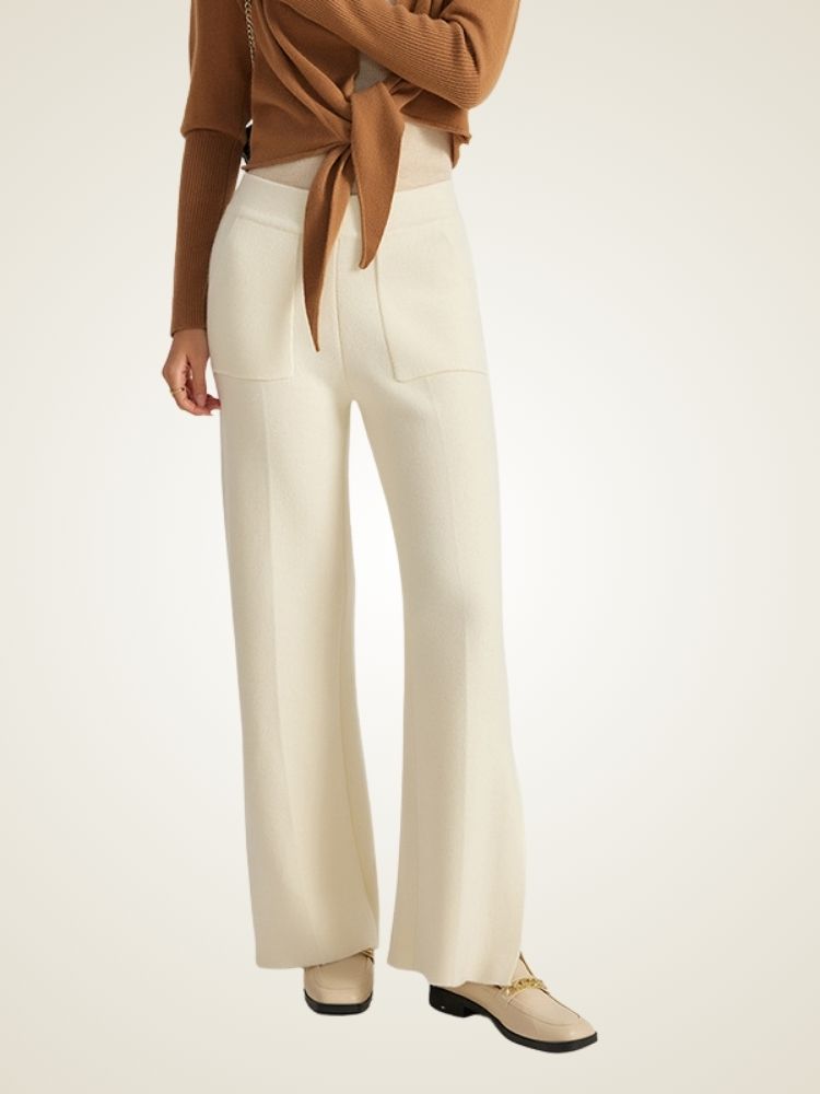 Winry - Ivory Wide Leg Cashmere Slits Pants | The Cashmere Studio