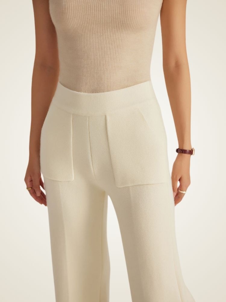 Winry - Ivory Wide Leg Cashmere Slits Pants | The Cashmere Studio