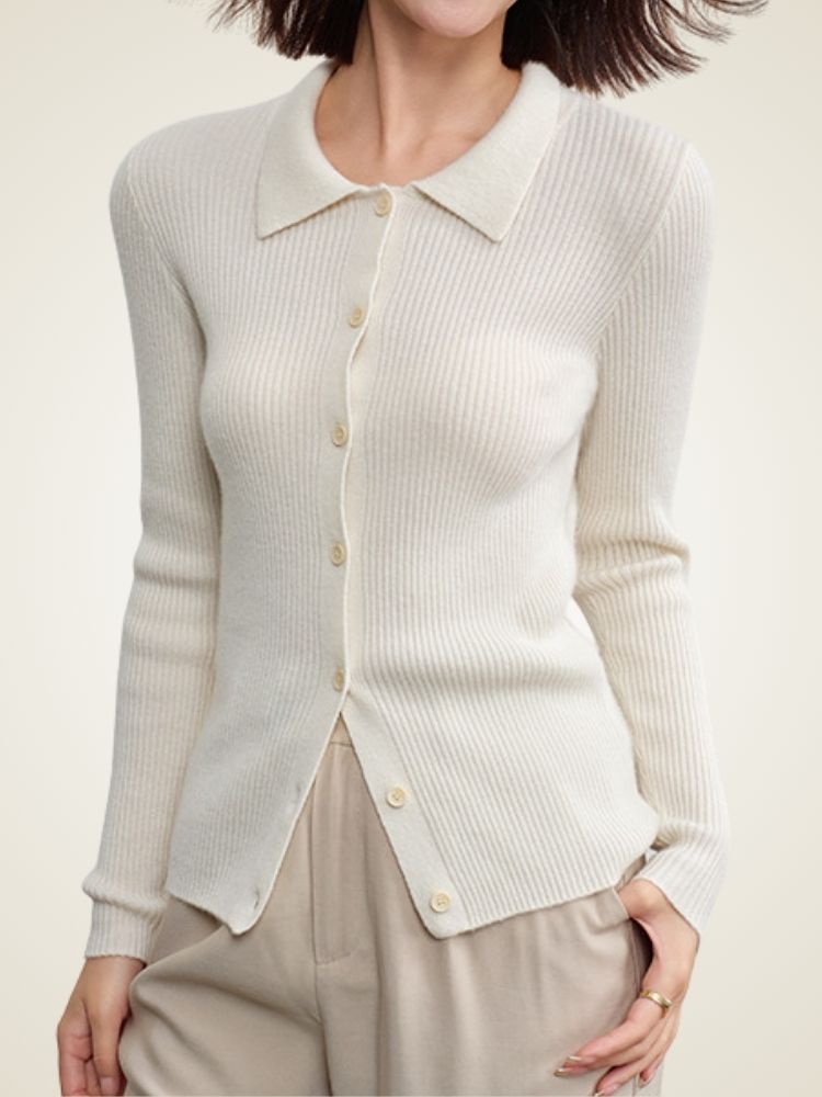 Posie - Ivory Ribbed Cashmere Cardigan | The Cashmere Studio