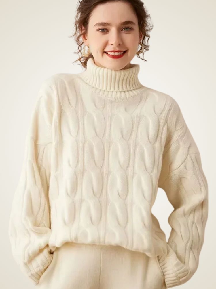 Jordana - Ivory Textured Cashmere Turtleneck | The Cashmere Studio