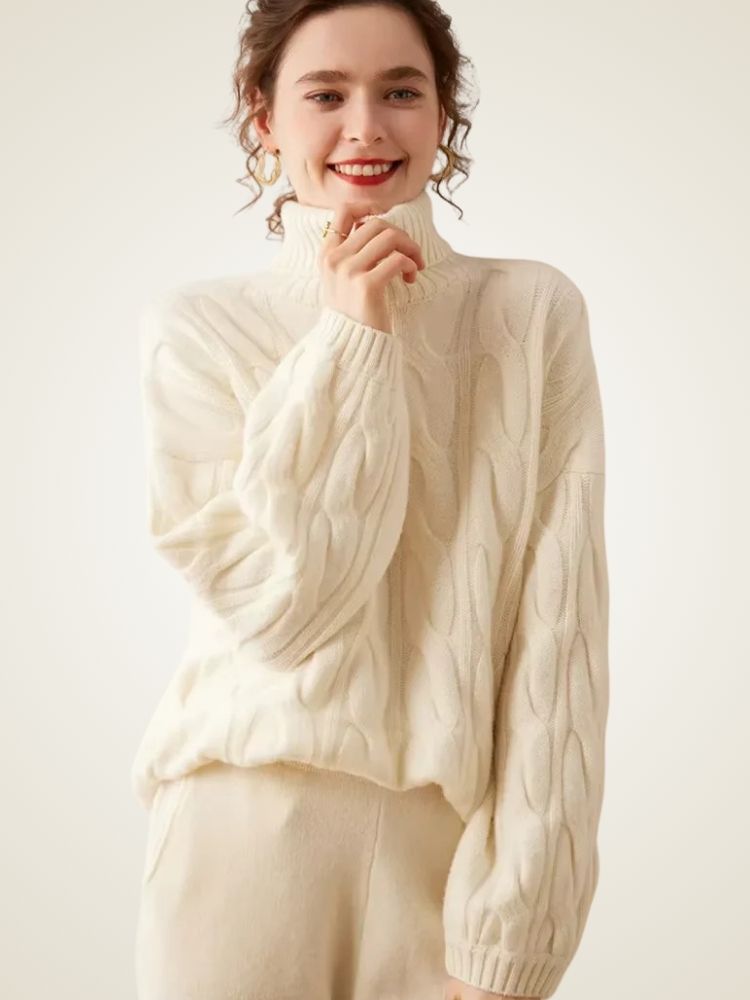 Jordana - Ivory Textured Cashmere Turtleneck | The Cashmere Studio