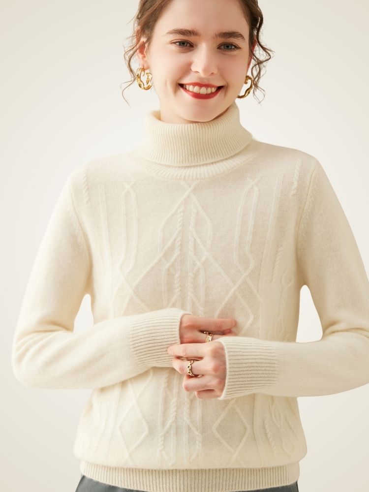 Oriana - Ivory Cable-Knit Cashmere Turtleneck | The Cashmere Studio