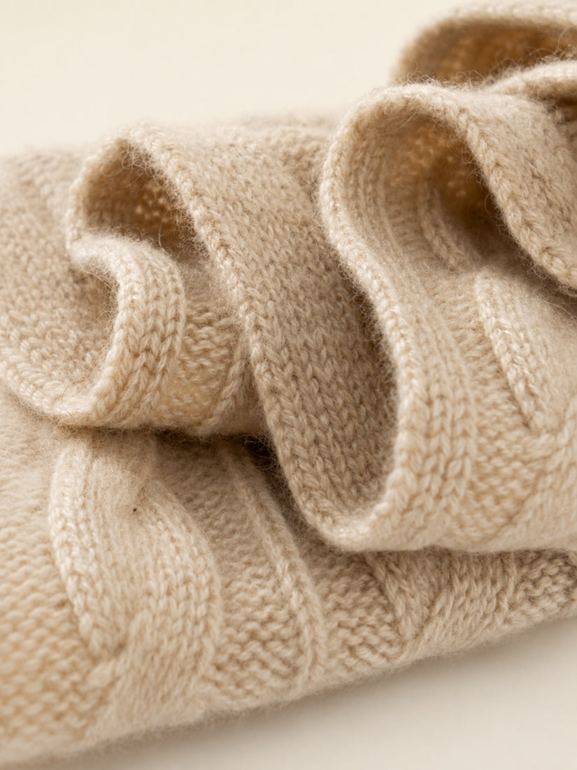 Jorelle - Beige Cable Knit Cashmere Scarf | The Cashmere Studio