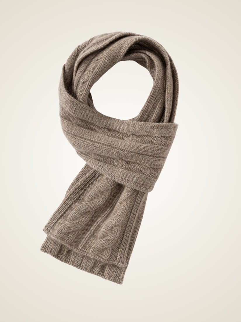 Jorelle - Taupe Cable Knit Cashmere Scarf | The Cashmere Studio