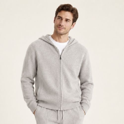 Jovian — Gray Hooded Zip-Up Cashmere Cardigan | The Cashmere Studio