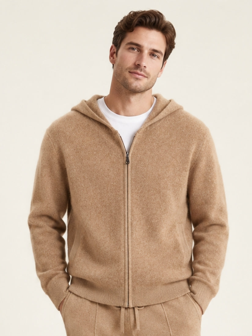 Jovian — Camel Hooded Zip-Up Cashmere Cardigan | The Cashmere Studio