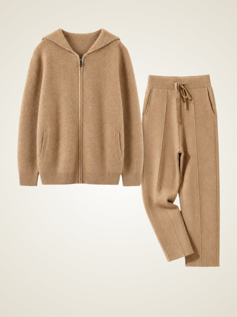 Jovian — Beige Hooded Zip-Up Cashmere Set | The Cashmere Studio
