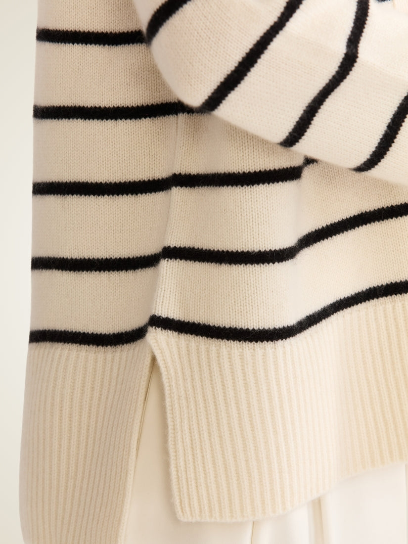 Kalestra — Ivory Striped V-Neck Cashmere Cardigan | The Cashmere Studio