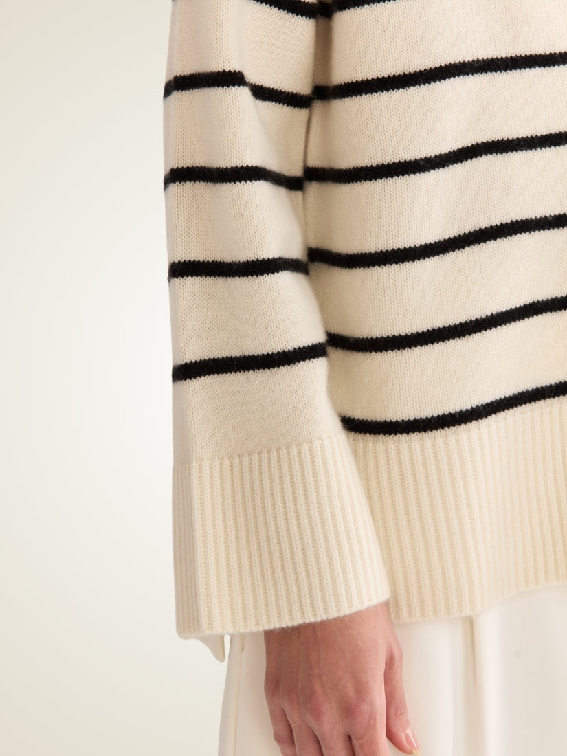 Kalestra — Ivory Striped V-Neck Cashmere Cardigan | The Cashmere Studio