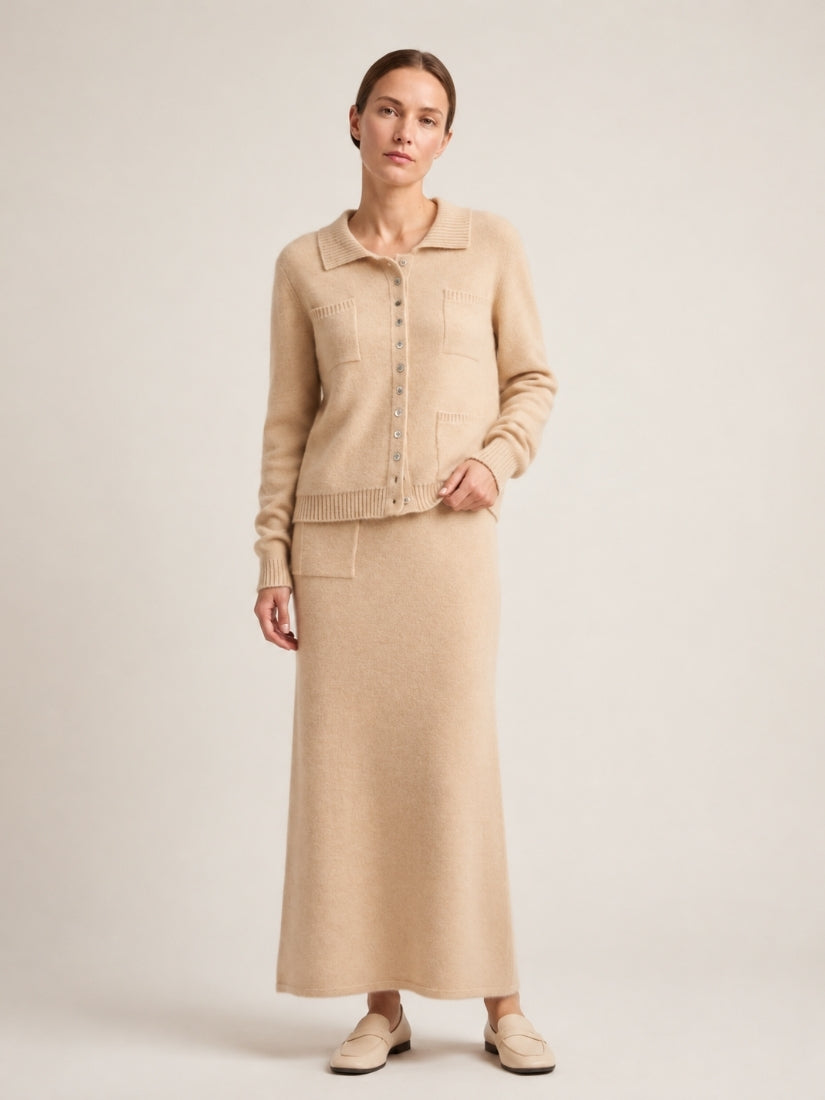 Keiralen — Beige Cashmere Cardigan & Skirt Set | The Cashmere Studio