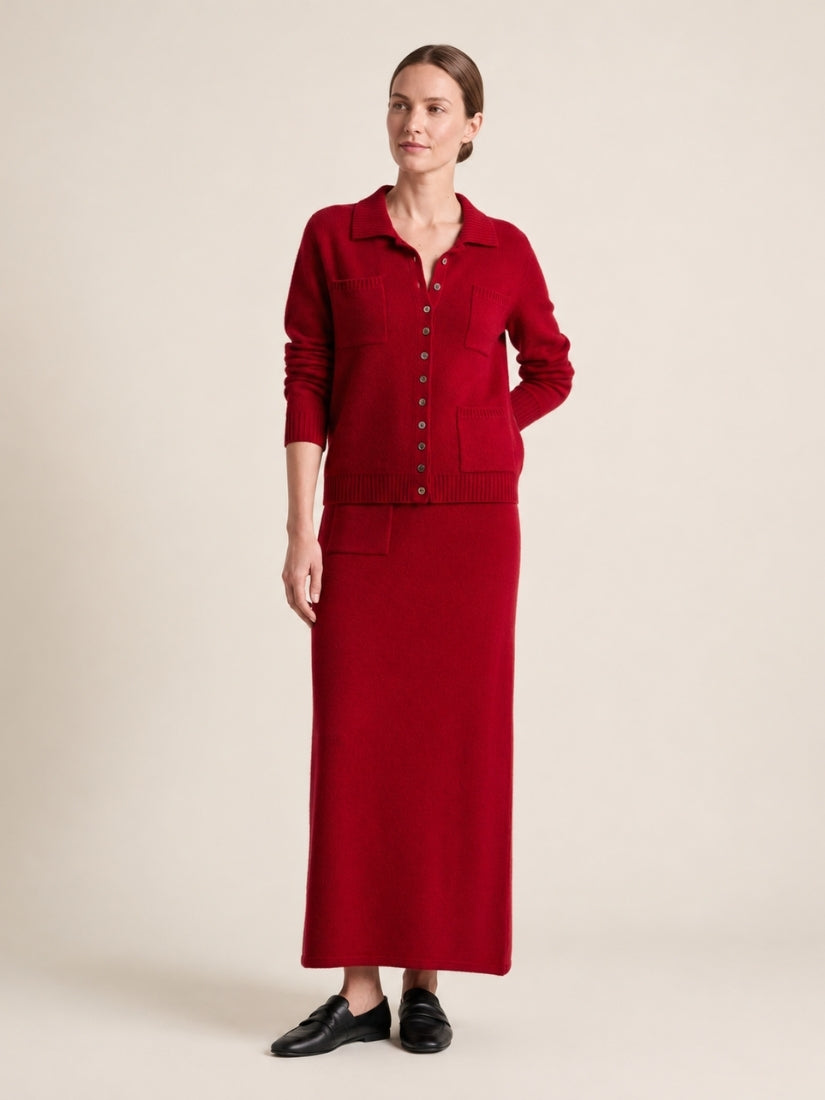 Keiralen — Red Cashmere Cardigan & Skirt Set | The Cashmere Studio