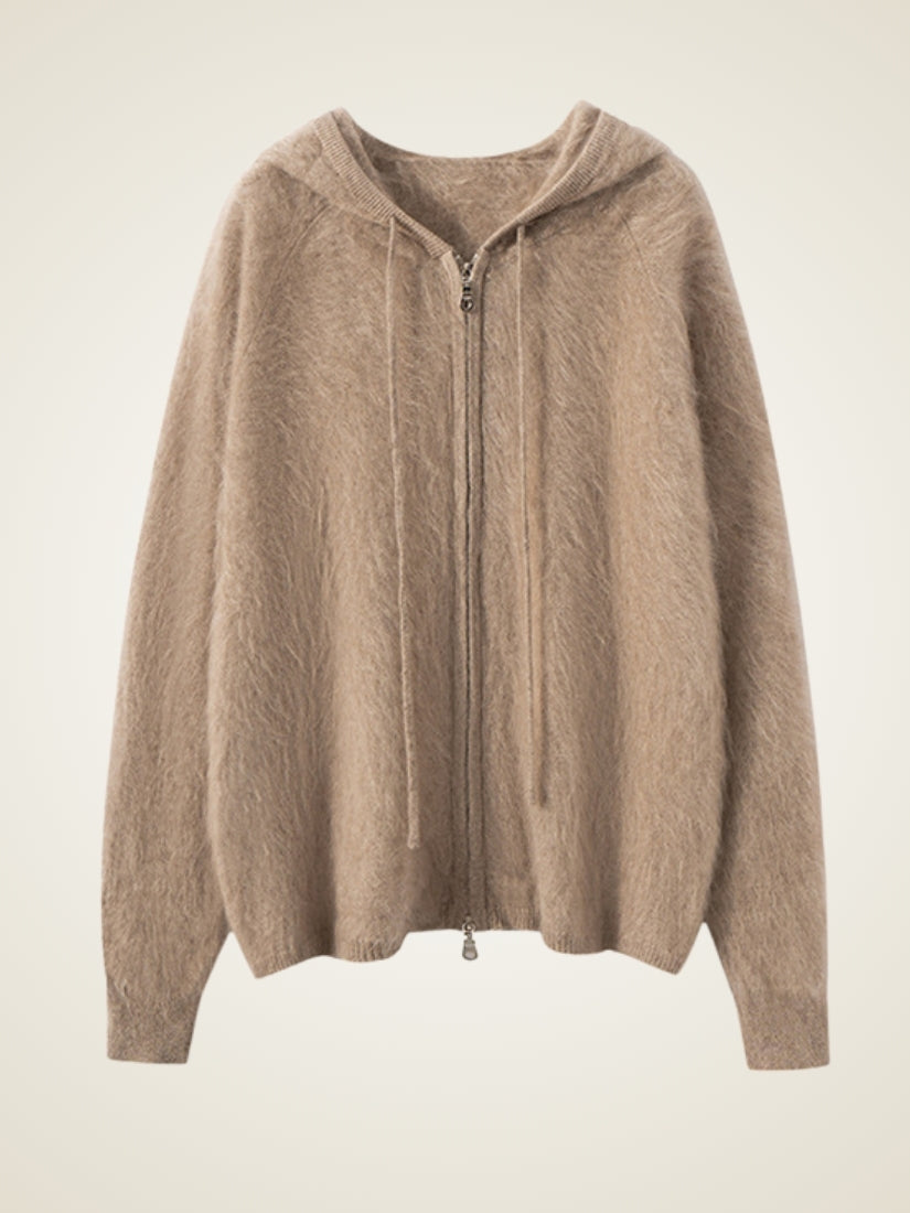 Lareth — Taupe Zip-Up Cashmere Hoodie Cardigan | The Cashmere Studio