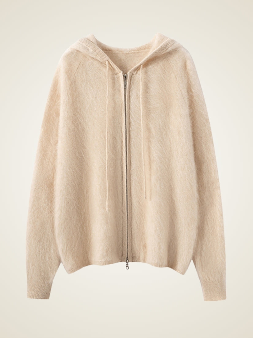 Lareth — Beige Zip-Up Cashmere Hoodie Cardigan | The Cashmere Studio
