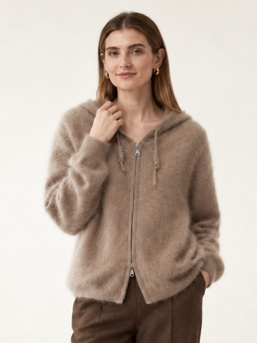 Lareth — Taupe Zip-Up Cashmere Hoodie Cardigan | The Cashmere Studio