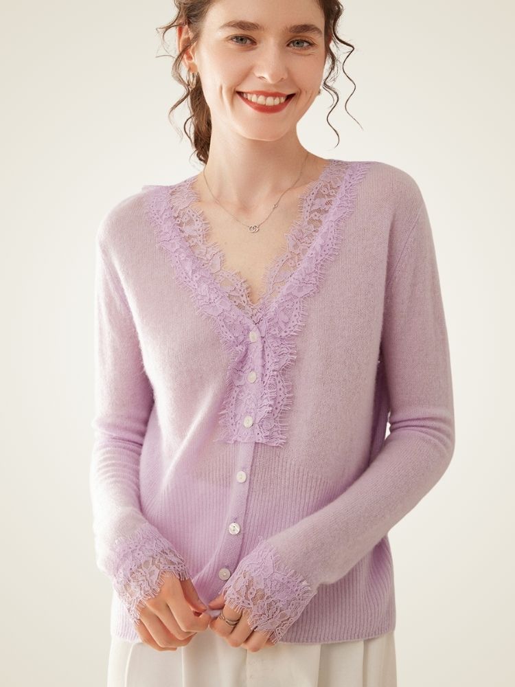 Brooke - Lavender Lace Collar Cashmere Cardigan | The Cashmere Studio