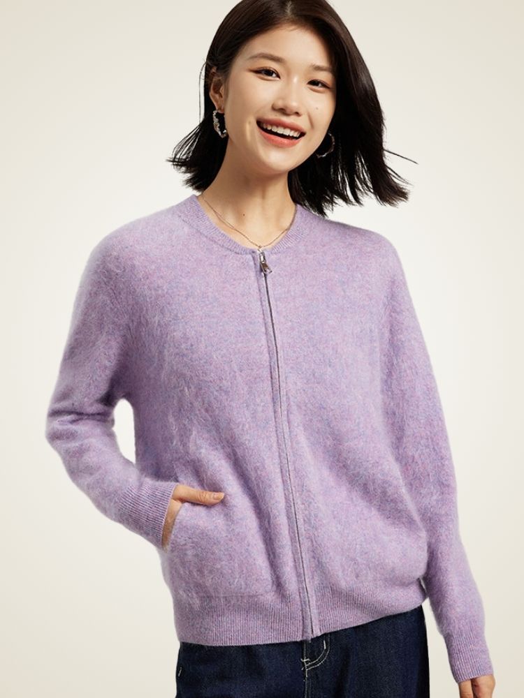 Nalina - Lavender Zip-Up Crew Neck Sweater | The Cashmere Studio