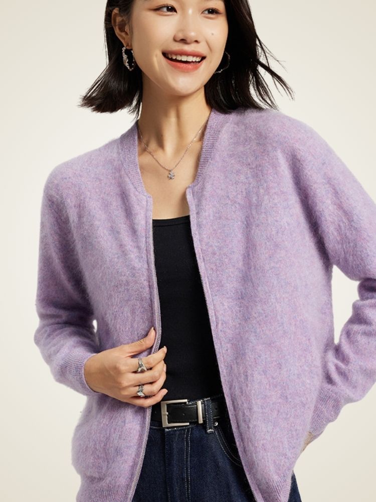 Nalina - Lavender Zip-Up Crew Neck Sweater | The Cashmere Studio