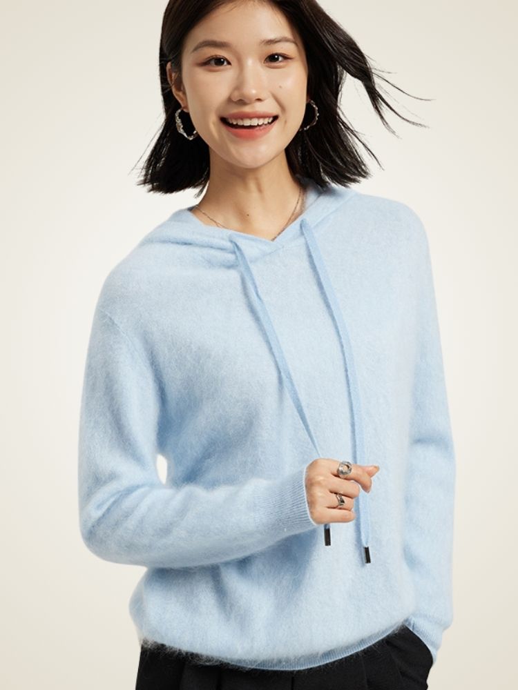 Senia - Light Blue Brushed Cashmere Hoodie | The Cashmere Studio