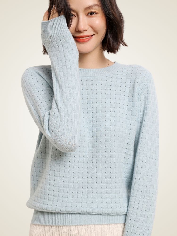 Dianis - Light Blue Waffle-Textured Cashmere Sweater | The Cashmere Studio