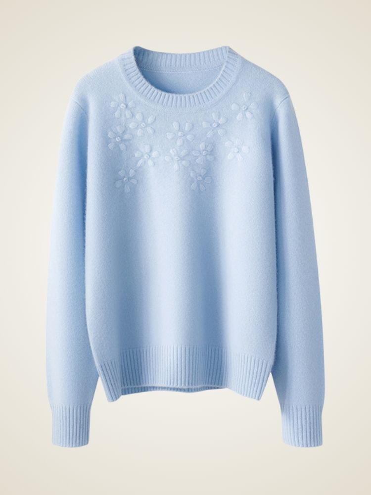 Rhiessa - Light Blue Floral Cashmere Sweater | The Cashmere Studio