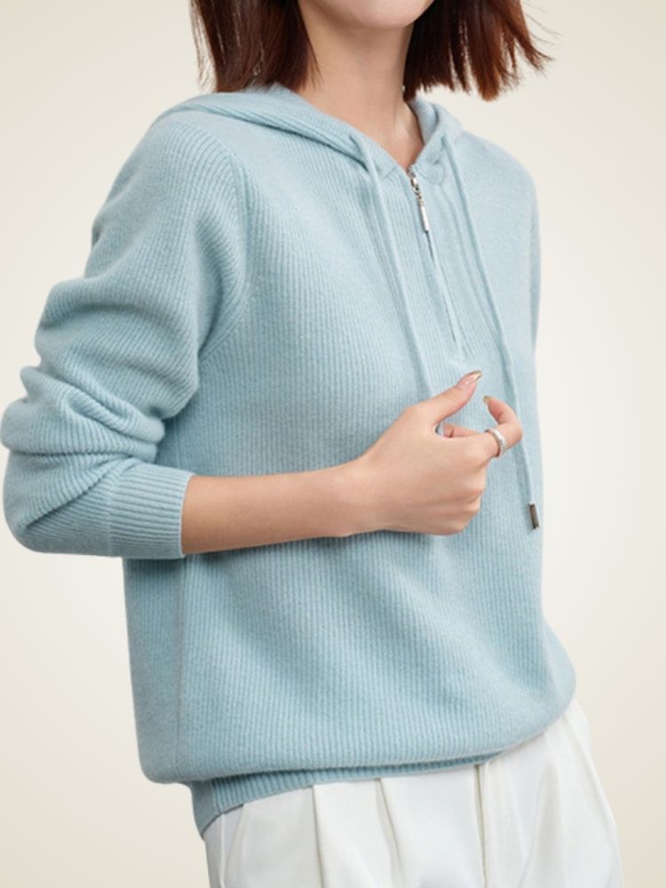 Adelise - Light Blue Zip-Up Cashmere Hoodie | The Cashmere Studio