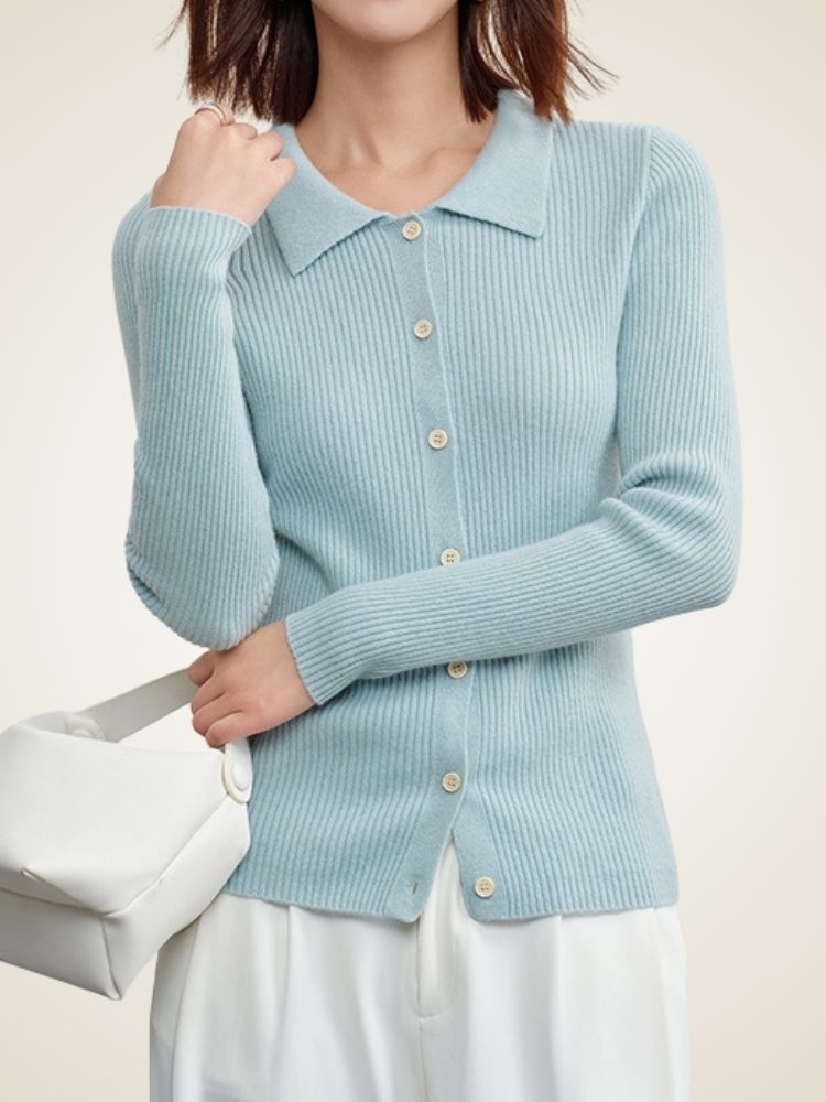 Posie - Light Blue Ribbed Cashmere Cardigan | The Cashmere Studio