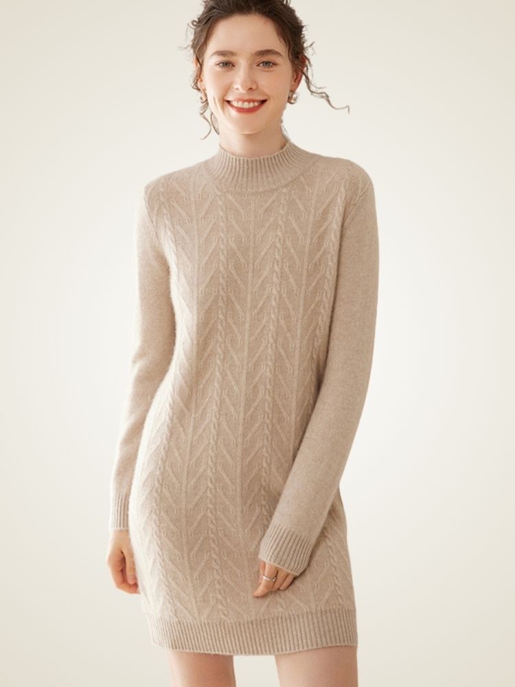 Sandrine - Light Camel Cable Knit Cashmere Midi Dress | The Cashmere Studio