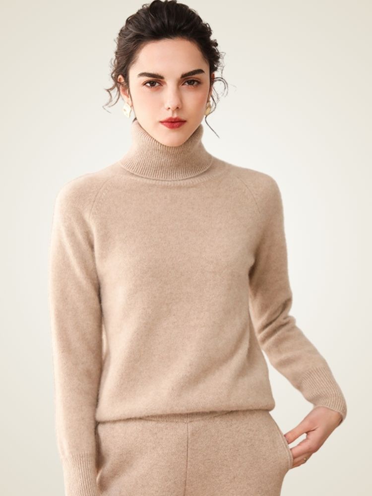 Perla - Light Camel High Turtleneck Cashmere Sweater | The Cashmere Studio