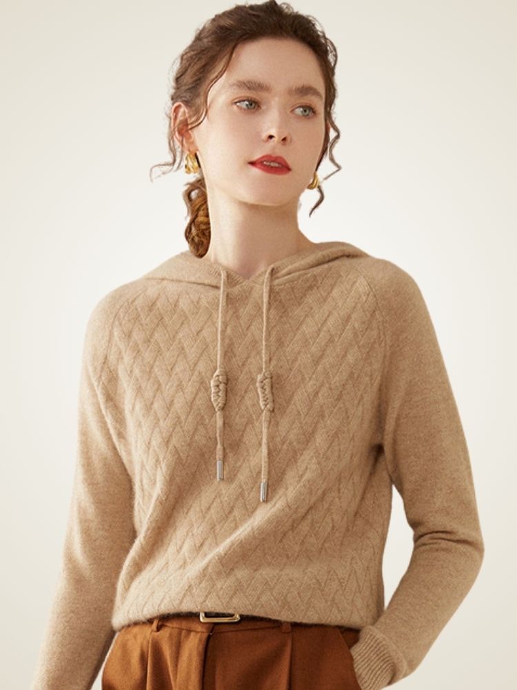 Amelise - Light Camel Chevron Knitted Cashmere Hoodie | The Cashmere Studio