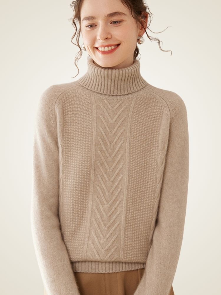 Lucinda - Light Camel Textured Cashmere Turtleneck | The Cashmere Studio