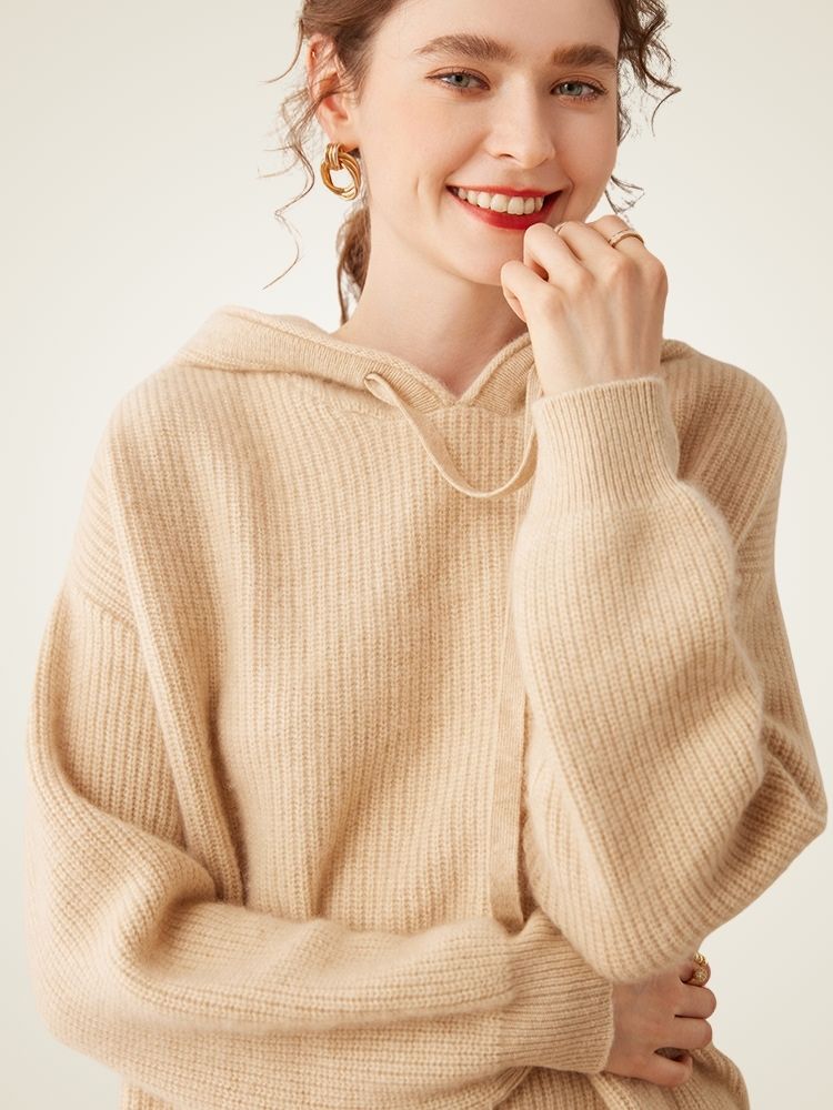 Johanna - Light Camel Ribbed Cashmere Hoodie | The Cashmere Studio